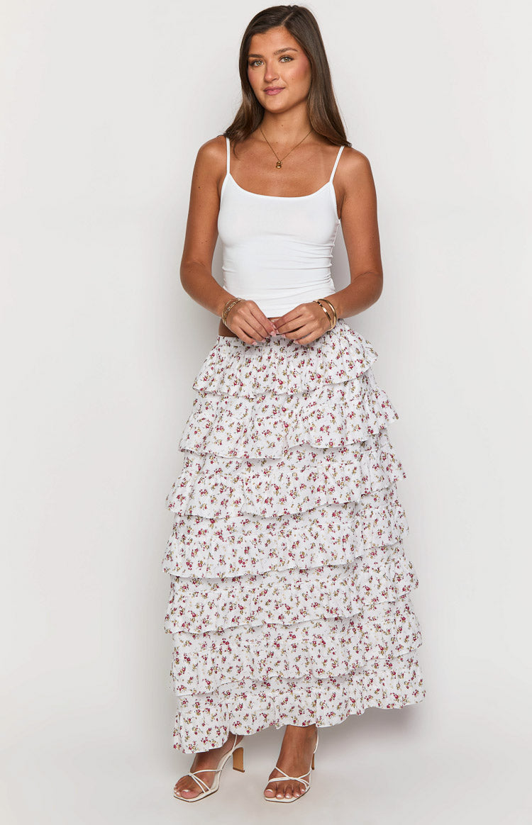 Paisley White Floral Ruffle Maxi Skirt — 9