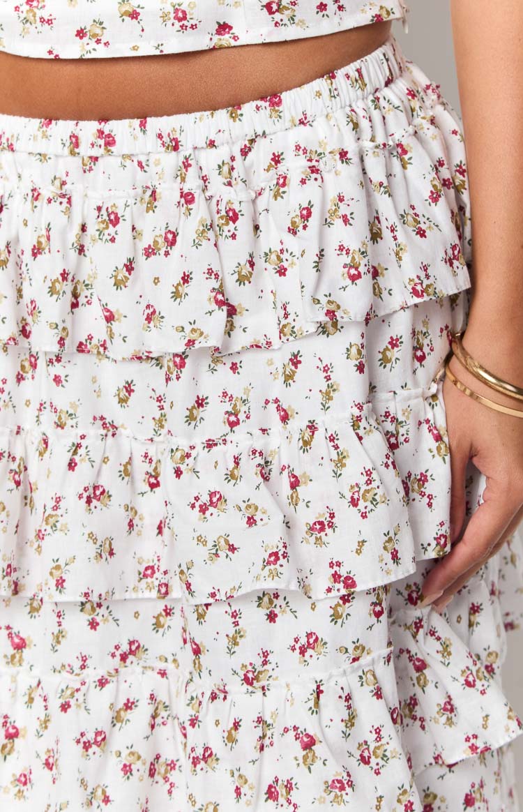 Paisley White Floral Ruffle Maxi Skirt — 10
