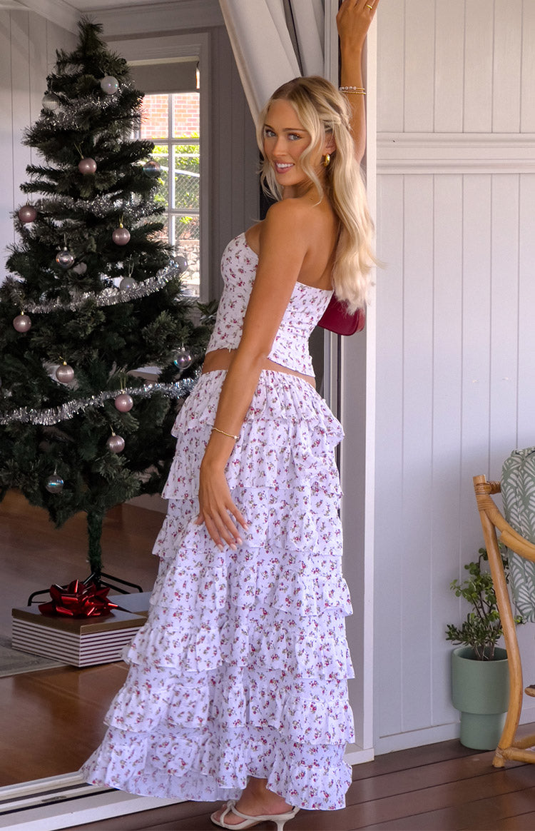 Paisley White Floral Ruffle Maxi Skirt — 13