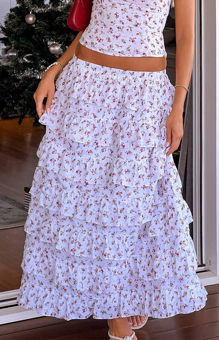 Paisley White Floral Ruffle Maxi Skirt — 14