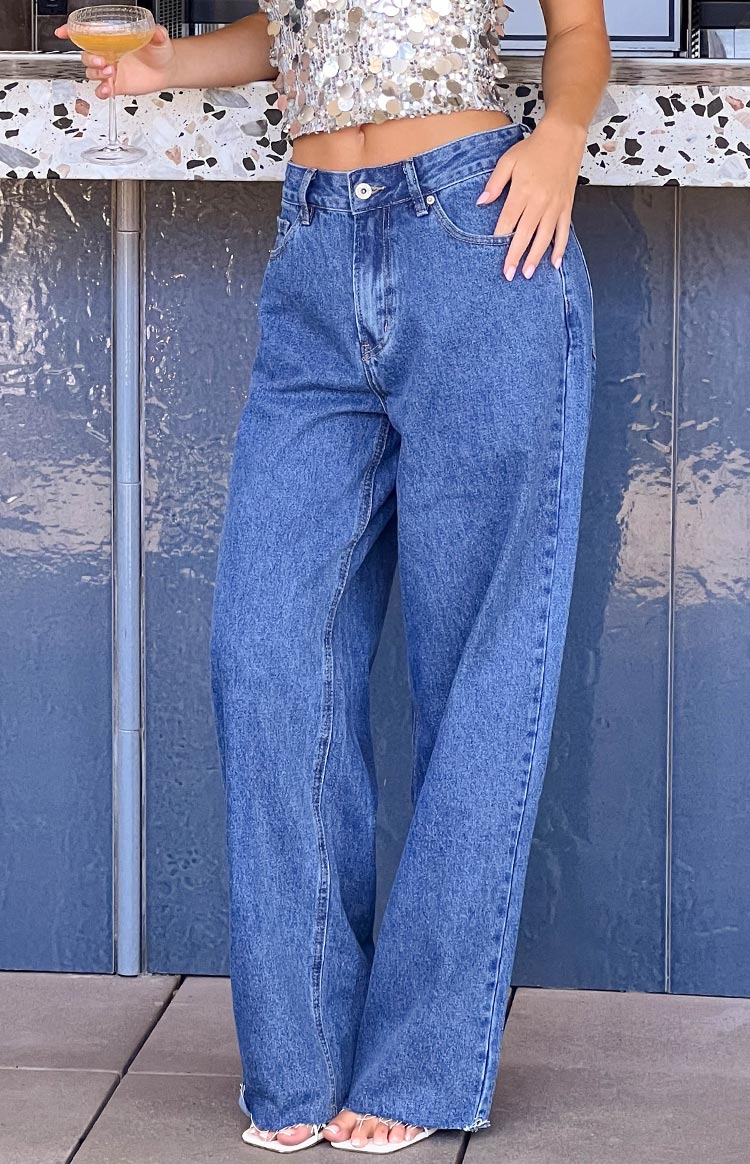 She's Yours Mid Wash Denim Wide Leg Boyfriend Jeans — 8