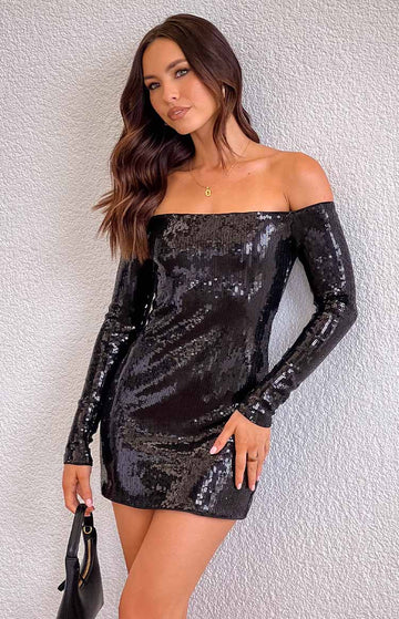 Jazmin Black Sequin Long Sleeve Mini Dress — 1