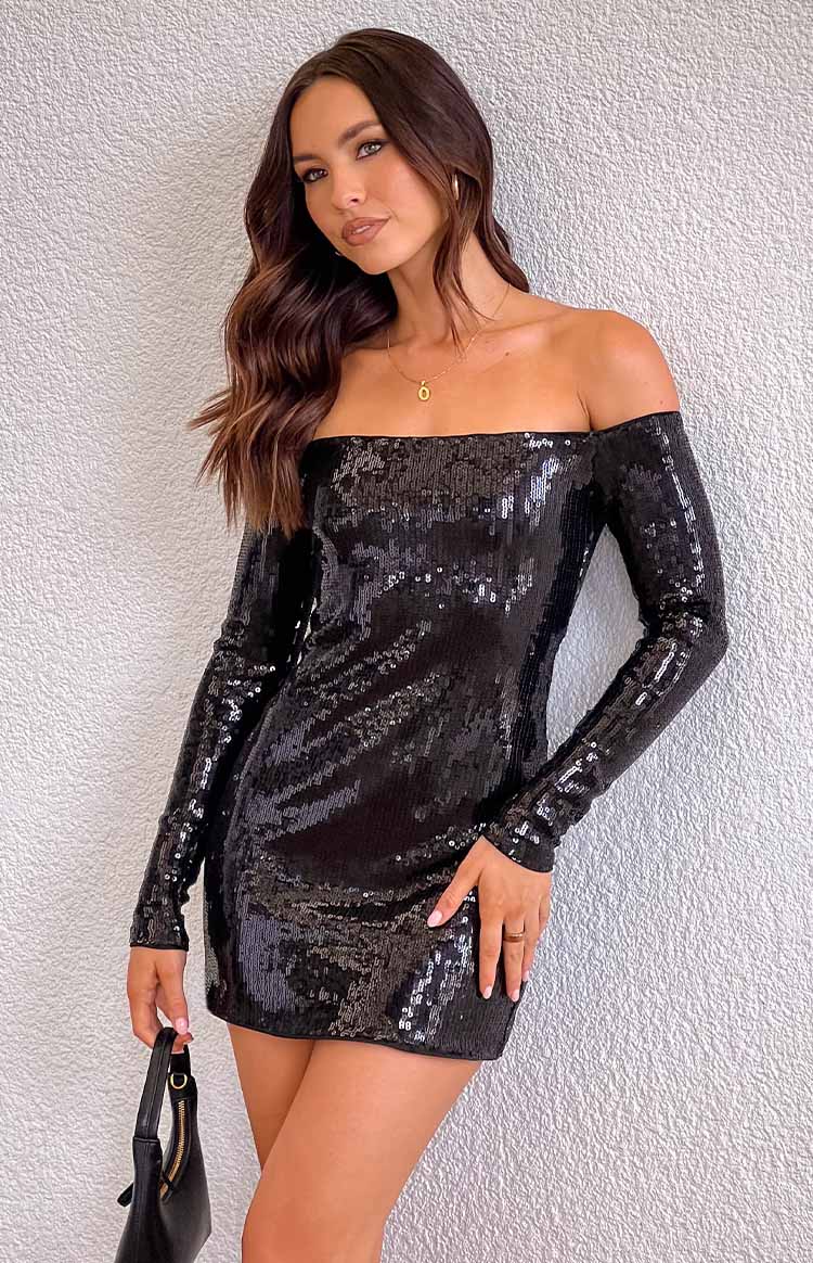 Jazmin Black Sequin Long Sleeve Mini Dress — 1