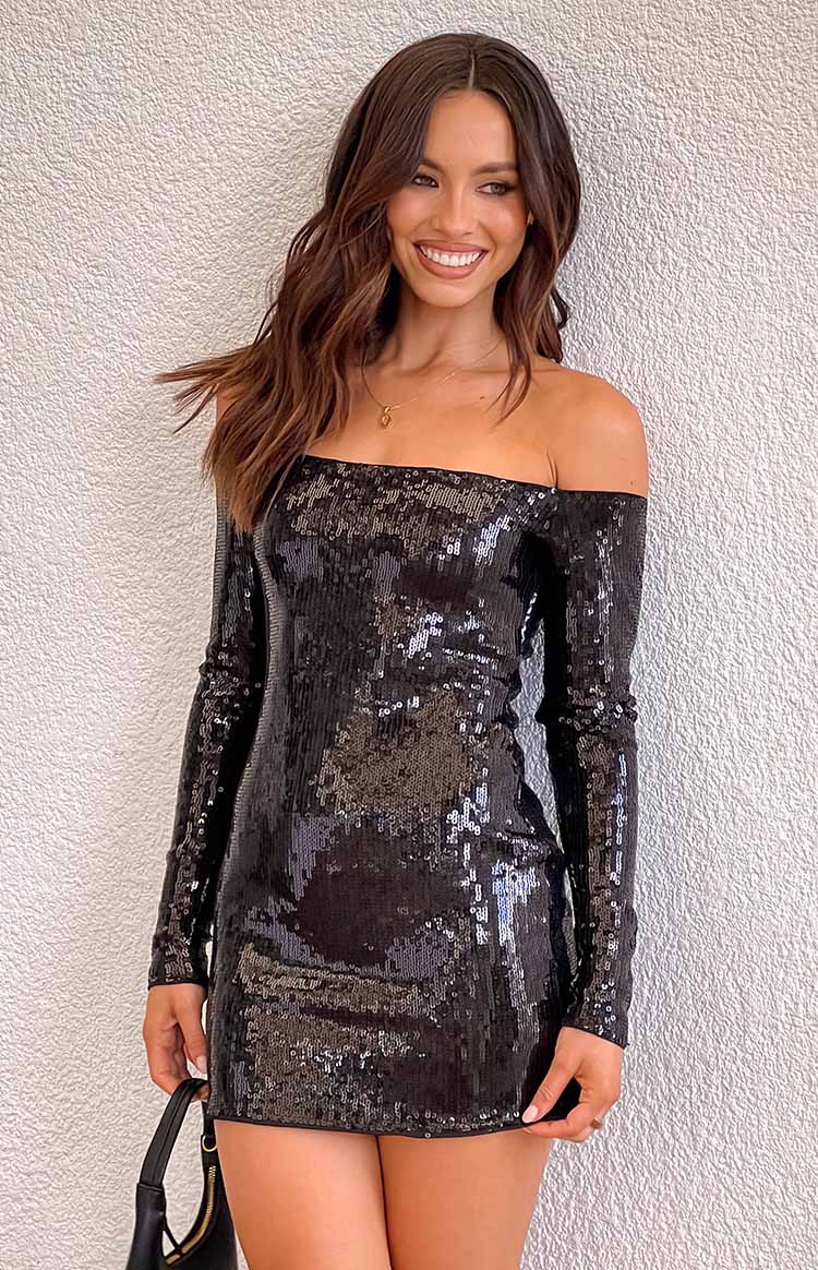Jazmin Black Sequin Long Sleeve Mini Dress — 8