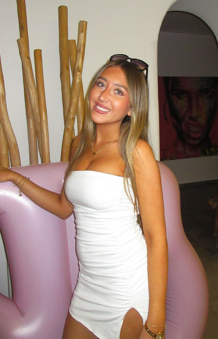 Let Go White Ruched Mini Dress — 1