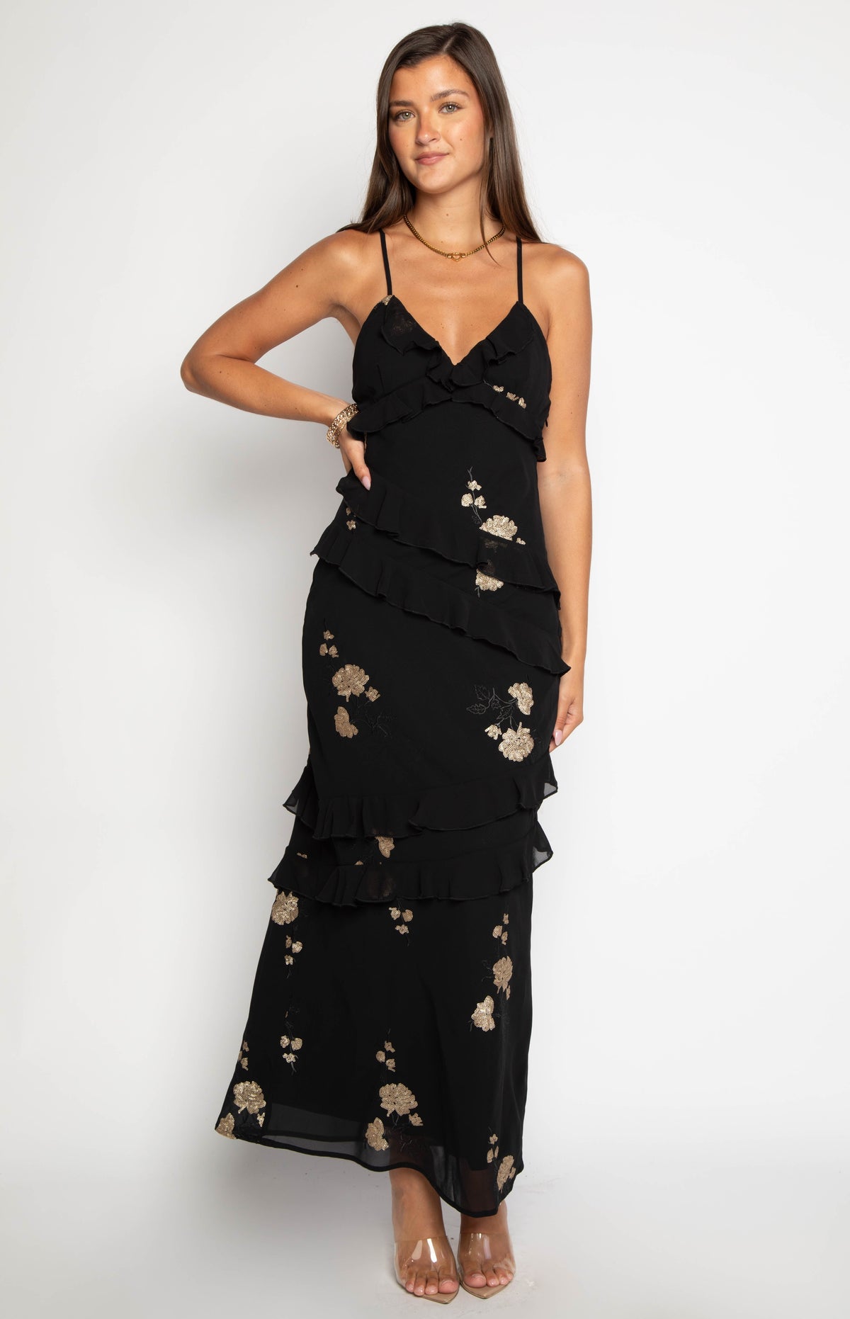 Inara Black Sequin Ruffle Maxi Dress — 2