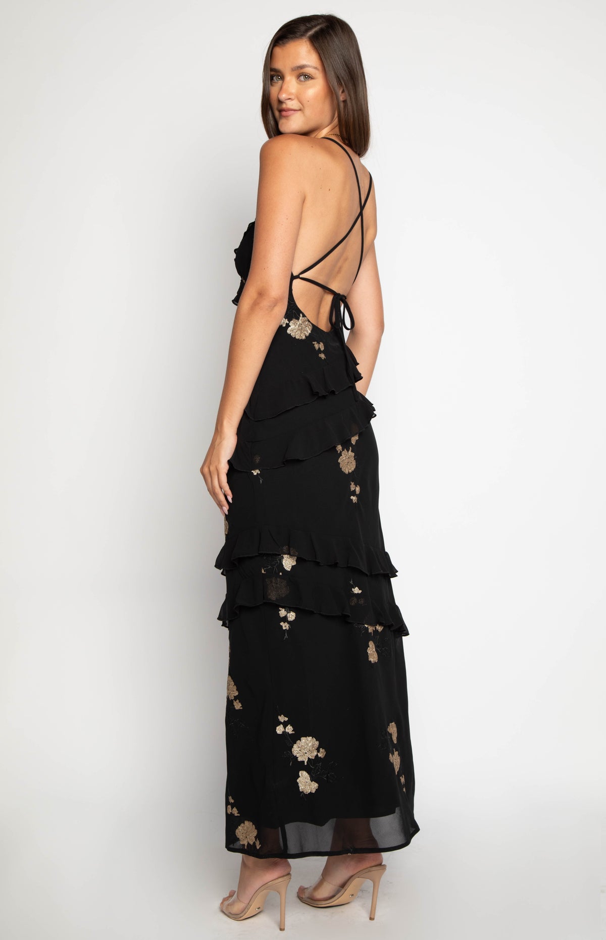 Inara Black Sequin Ruffle Maxi Dress — 3