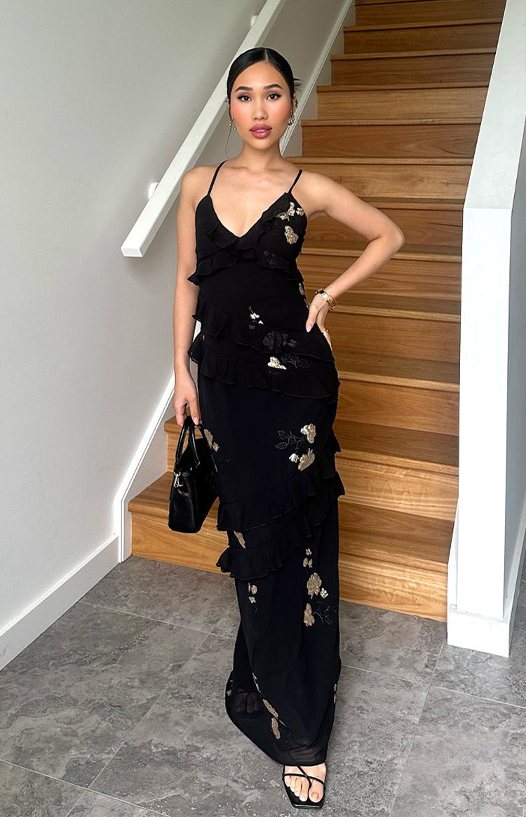 Inara Black Sequin Ruffle Maxi Dress — 7