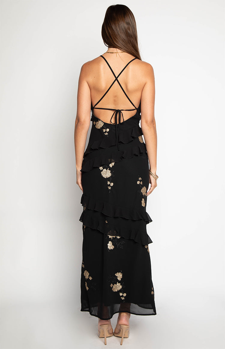 Inara Black Sequin Ruffle Maxi Dress — 4