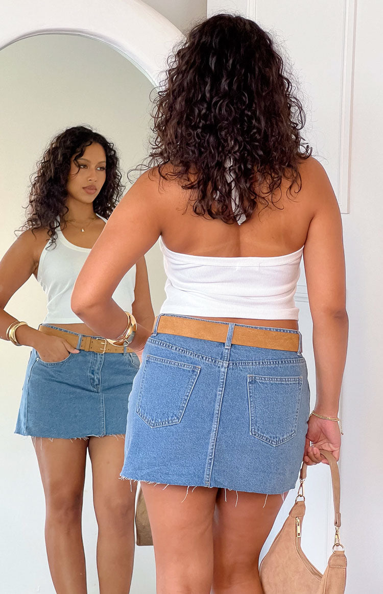Siletto Mid Wash Denim Low Rise Mini Skirt — 13