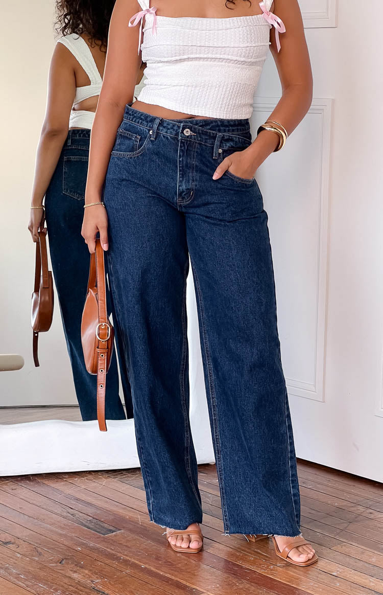 Kansis Dark Blue Uneven Waist Jeans — 11