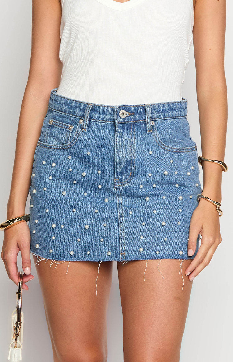 Denim Dazzle Pearl Mid Wash Mini Skirt — 1