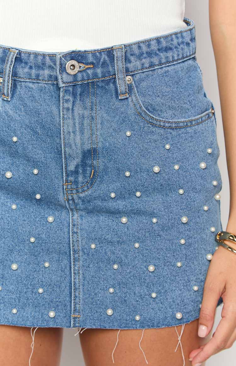 Denim Dazzle Pearl Mid Wash Mini Skirt — 7