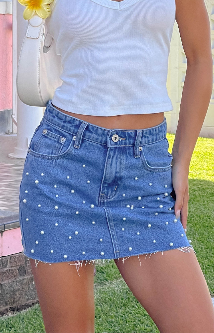 Denim Dazzle Pearl Mid Wash Mini Skirt — 12