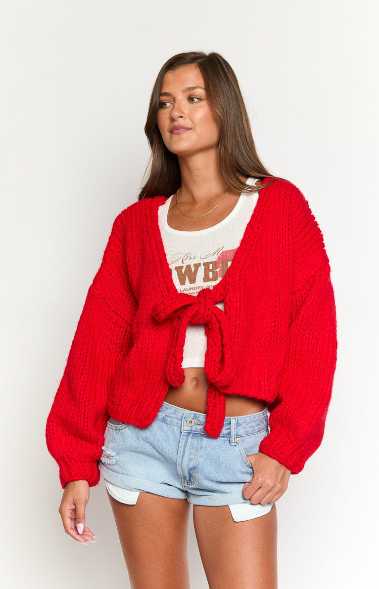 Holiday Red Tie Up Knit Cardigan — 8