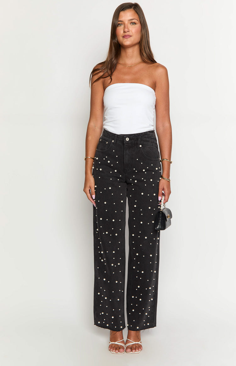 Denim Dazzle Pearl Black High Waisted Jeans — 2