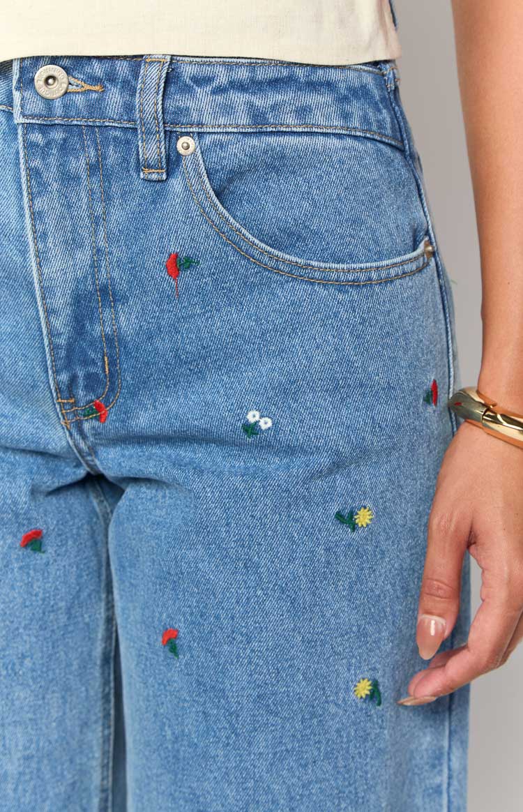 Kansis Blue Embroidered Uneven Waist Jeans — 1