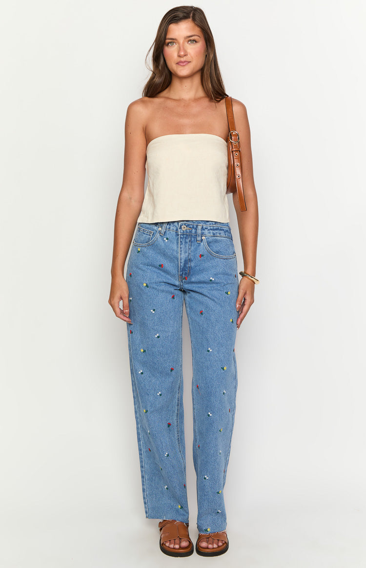 Kansis Blue Embroidered Uneven Waist Jeans — 1