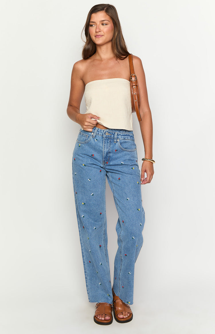 Kansis Blue Embroidered Uneven Waist Jeans — 3