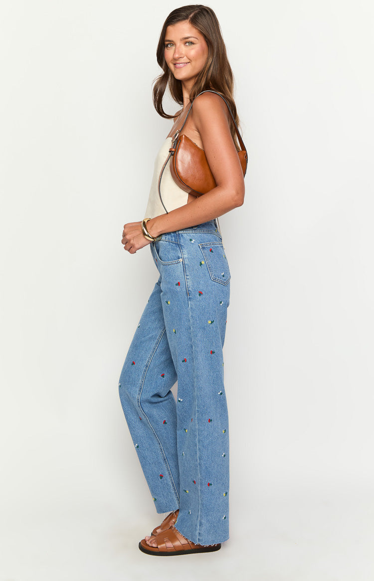 Kansis Blue Embroidered Uneven Waist Jeans — 4