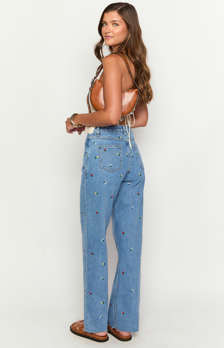 Kansis Blue Embroidered Uneven Waist Jeans — 5