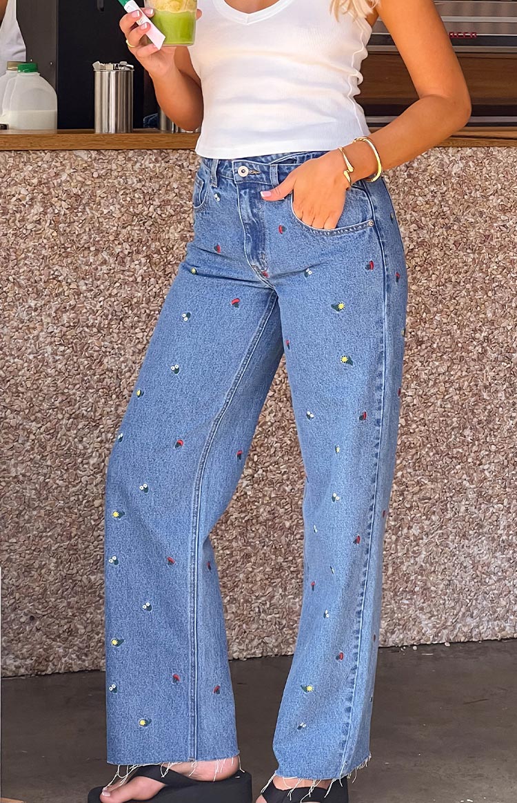 Kansis Blue Embroidered Uneven Waist Jeans — 6