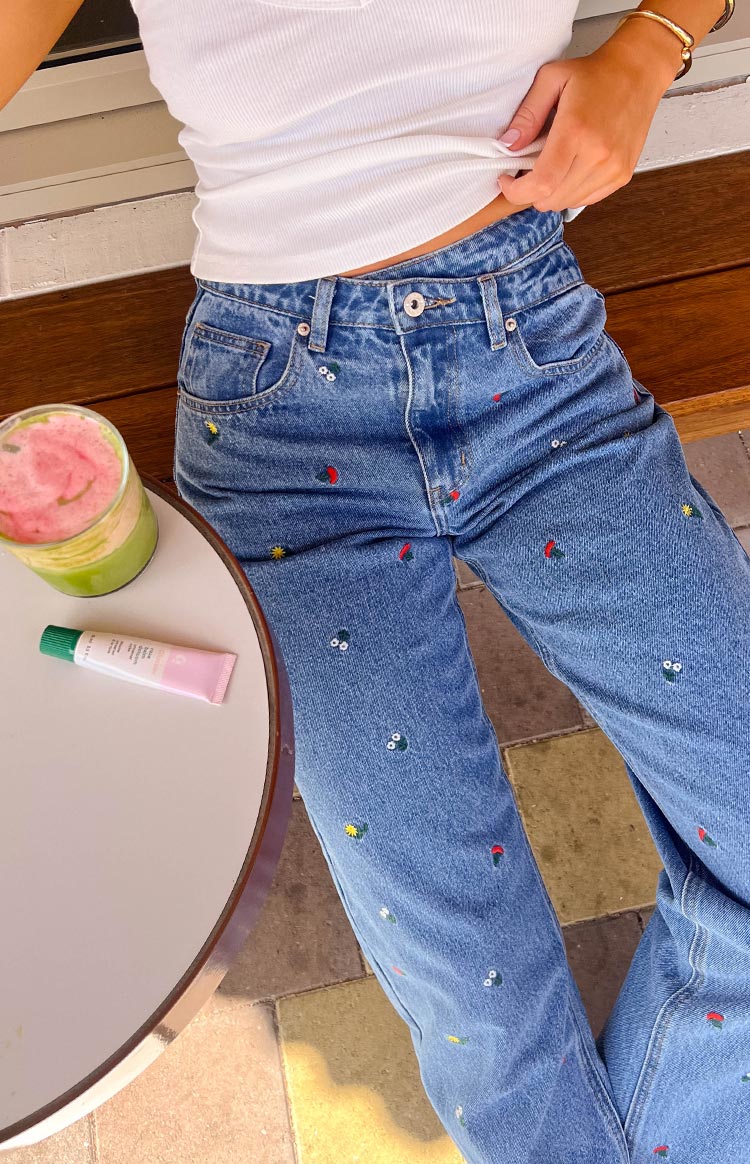 Kansis Blue Embroidered Uneven Waist Jeans — 9