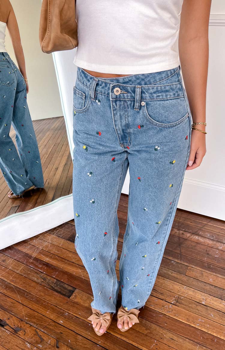 Kansis Blue Embroidered Uneven Waist Jeans — 11