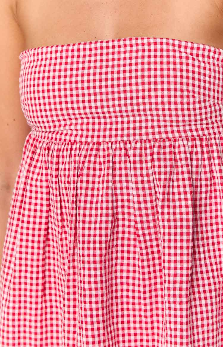 Berrie Red Gingham Strapless Mini Dress — 10
