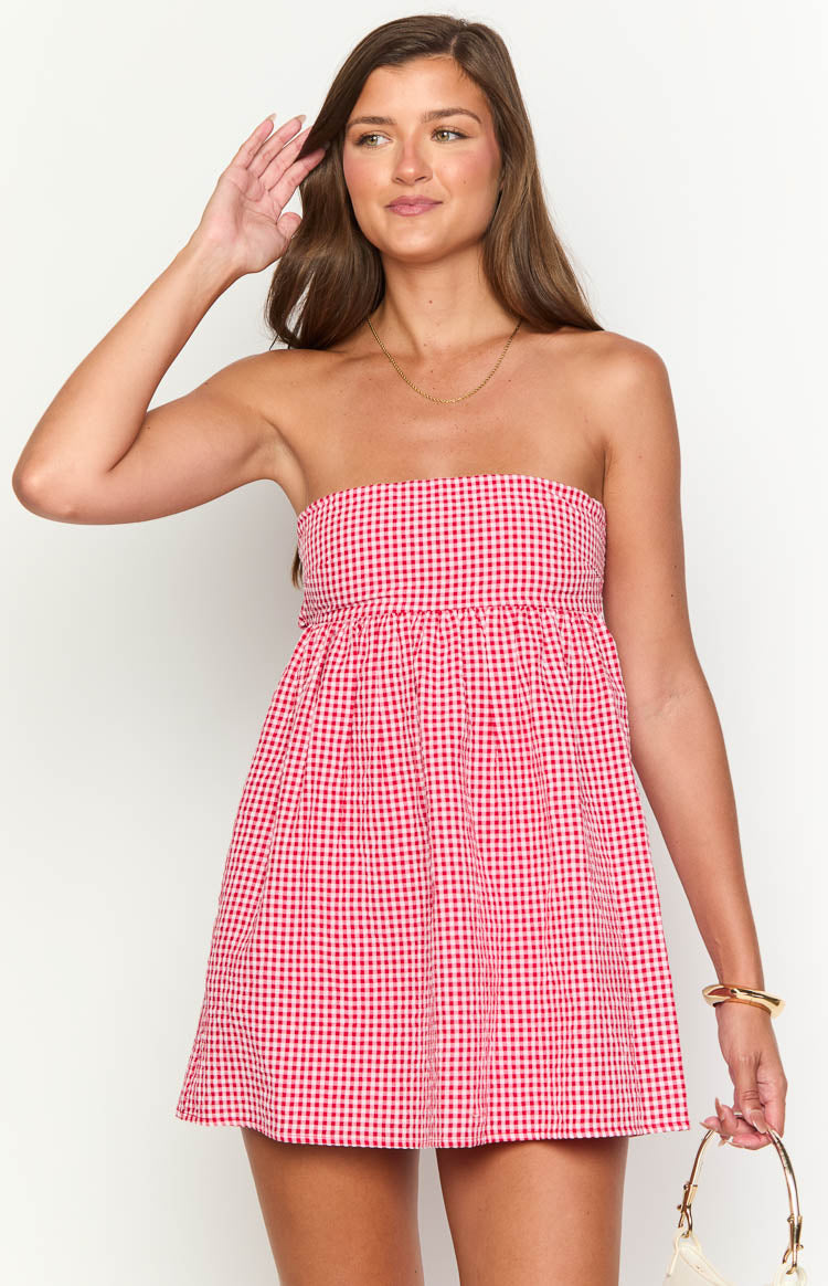 Berrie Red Gingham Strapless Mini Dress — 1