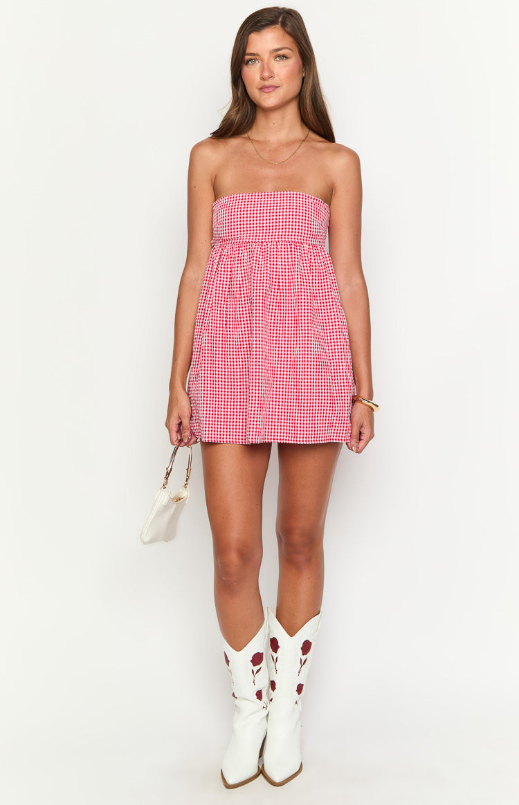 Berrie Red Gingham Strapless Mini Dress — 7