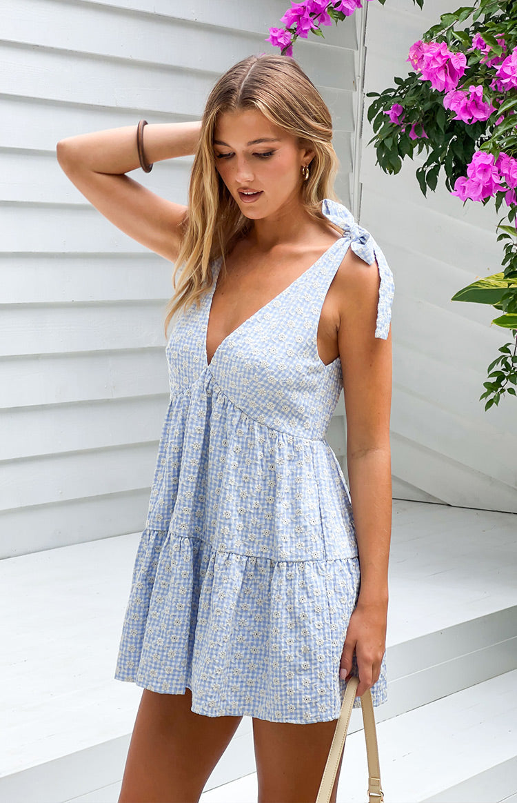 Angel Girl Blue Gingham Floral Mini Dress — 1