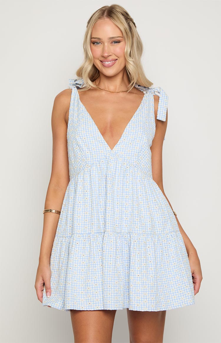 Angel Girl Blue Gingham Floral Mini Dress — 1