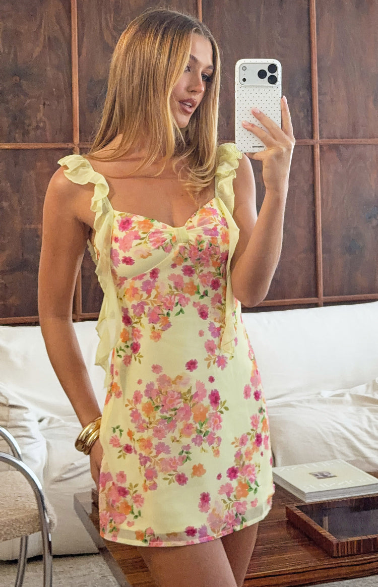 Joyce Yellow Bloom Chiffon Mini Dress — 1