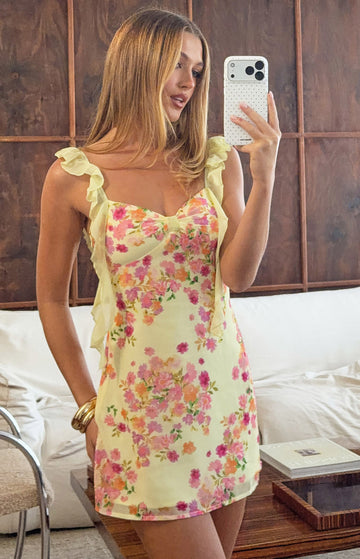Joyce Yellow Bloom Chiffon Mini Dress — 1