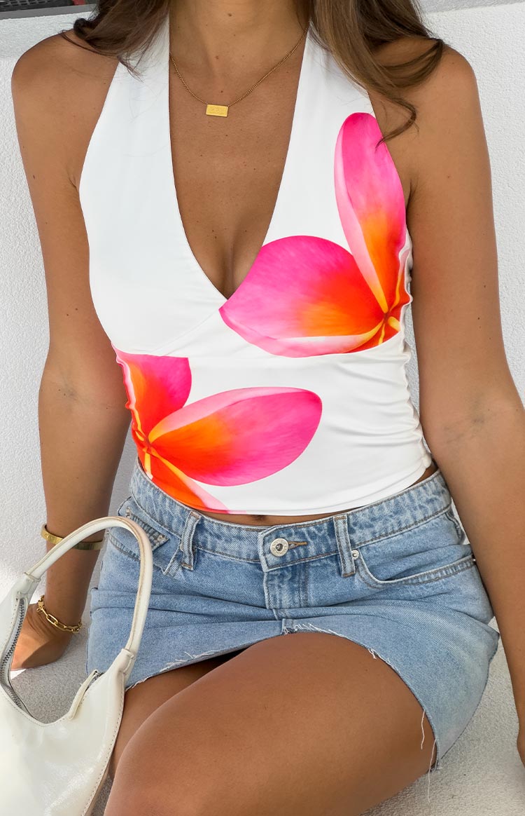 Amora White Frangipani Print Halter Top — 9