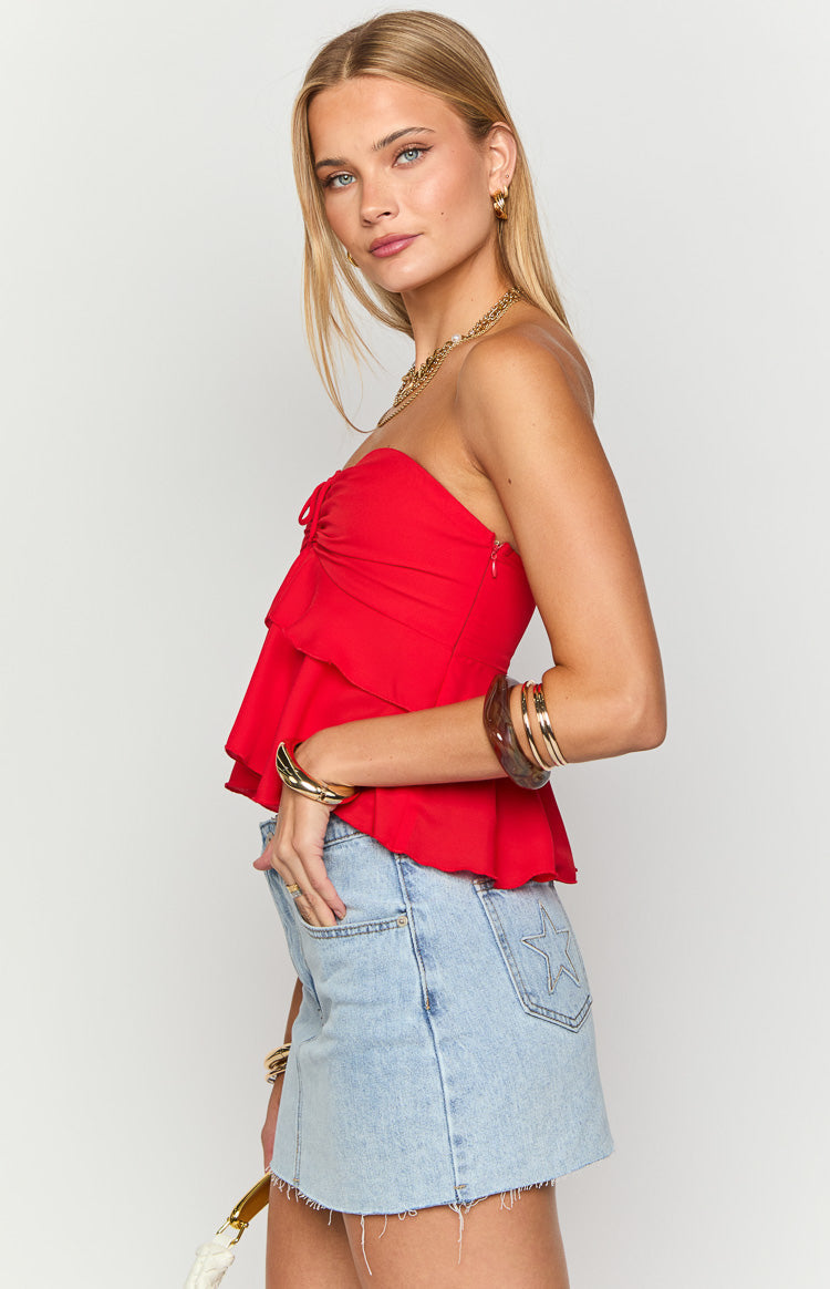 Raleigh Red Ruffle Strapless Top — 4