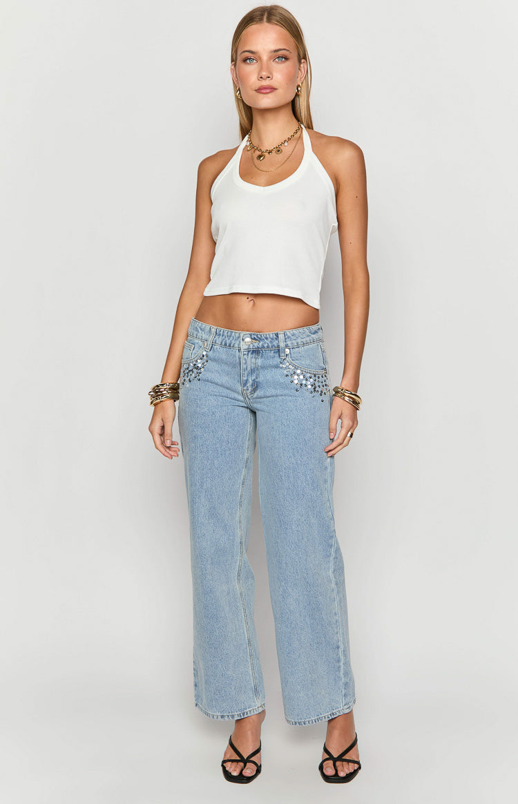 Clara Sequin Light Wash Denim Low Rise Jeans — 3