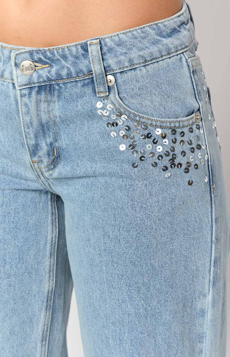 Clara Sequin Light Wash Denim Low Rise Jeans — 7