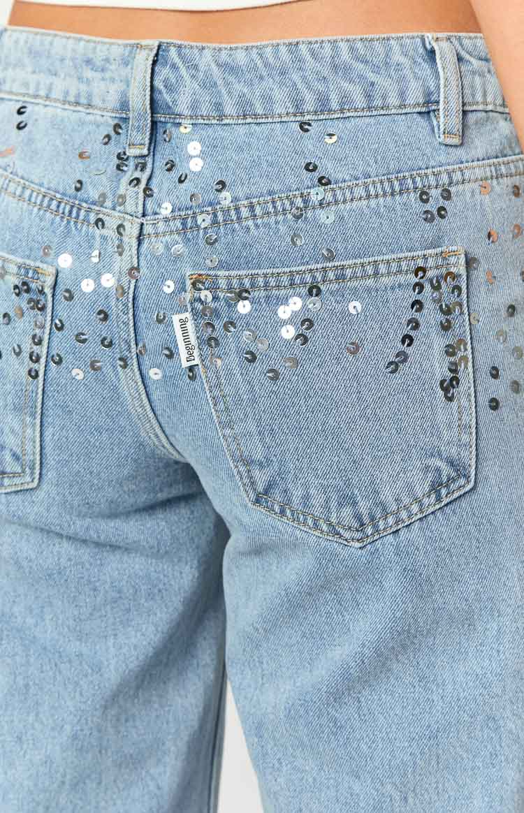 Clara Sequin Light Wash Denim Low Rise Jeans — 8