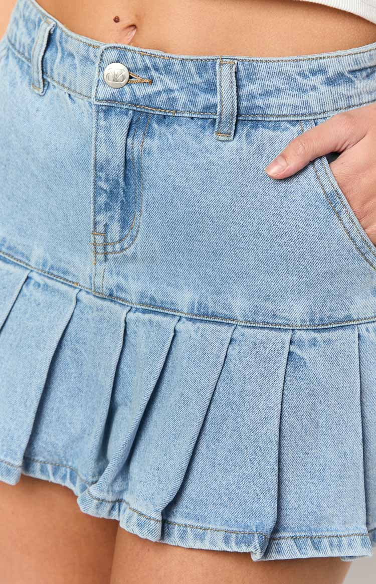 Julia Light Wash Pleated Denim Mini Skirt — 7