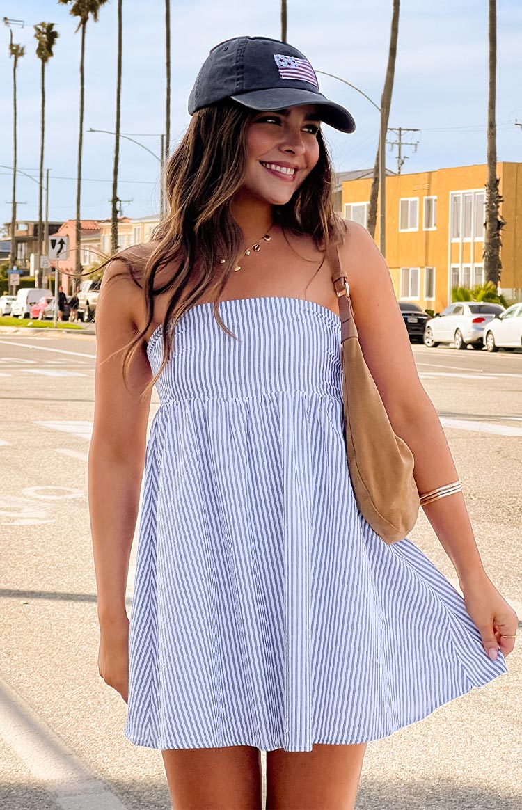 Anderson Blue Stripe Strapless Mini Dress — 1
