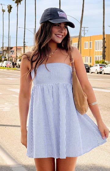 Anderson Blue Stripe Strapless Mini Dress — 1
