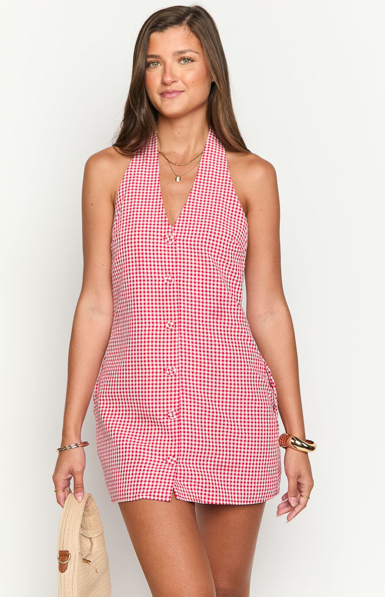Felix Red Gingham Halter Mini Dress — 2