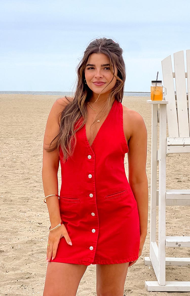 Corbin Red Denim Halter Neck Mini Dress — 1