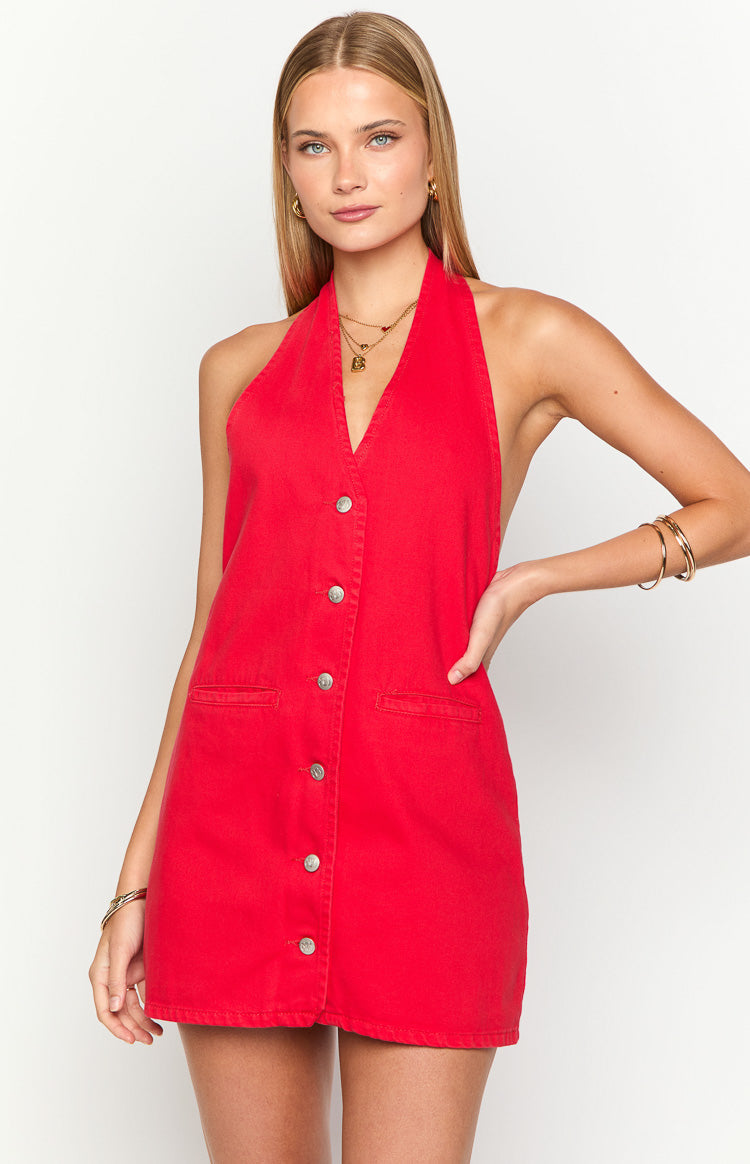 Corbin Red Denim Halter Neck Mini Dress — 1