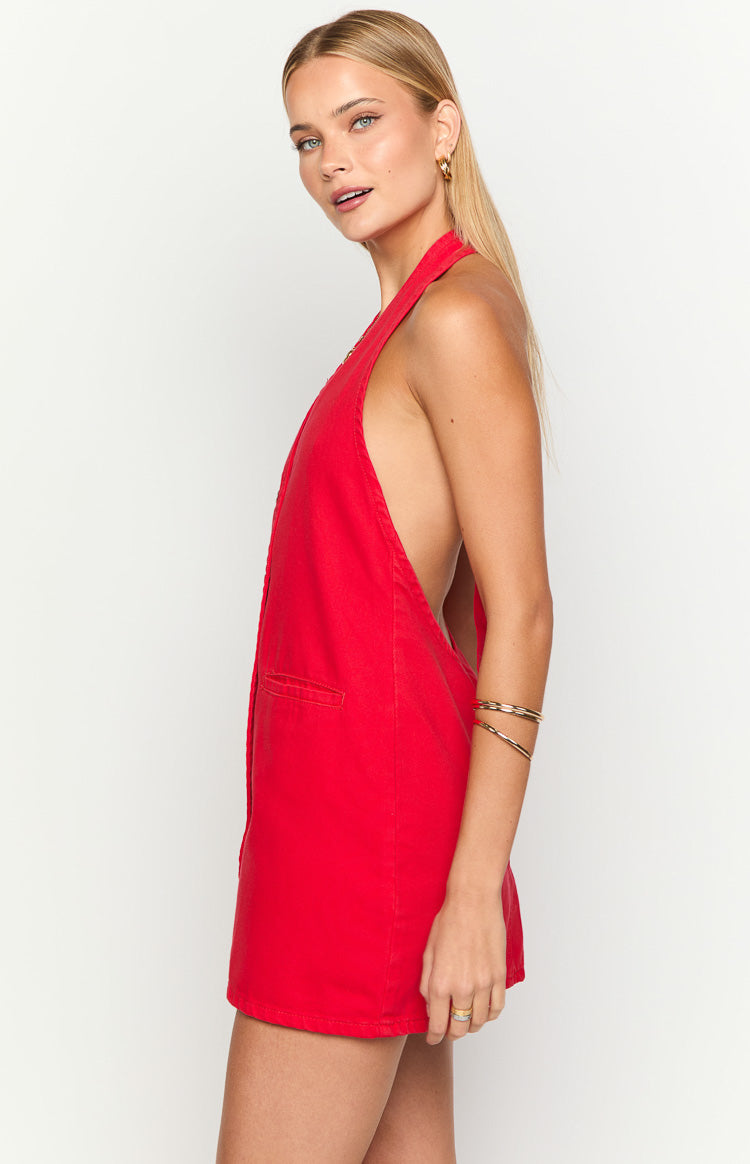 Corbin Red Denim Halter Neck Mini Dress — 4