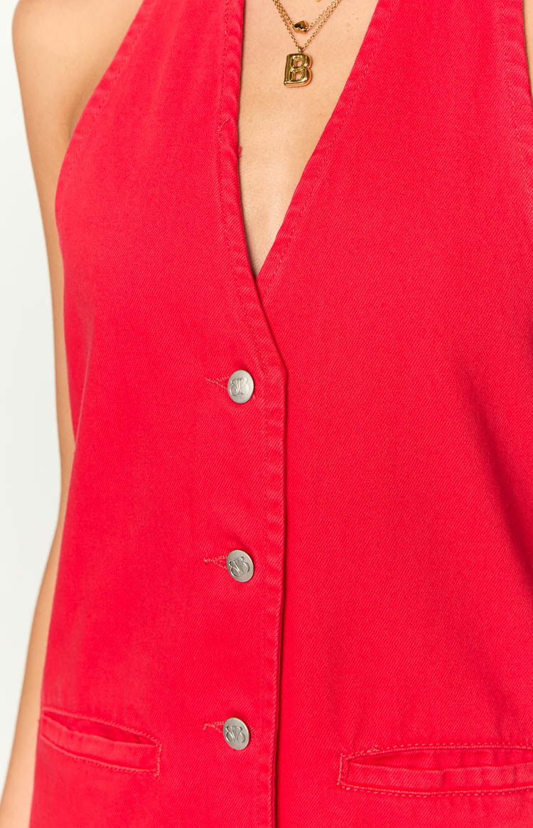 Corbin Red Denim Halter Neck Mini Dress — 6