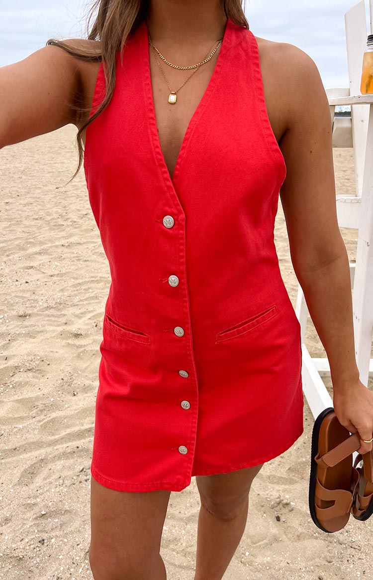 Corbin Red Denim Halter Neck Mini Dress — 8