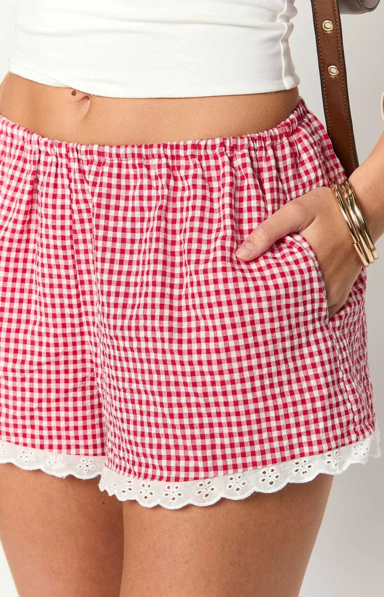 Arnie Red Gingham Broderie Lace Shorts — 9